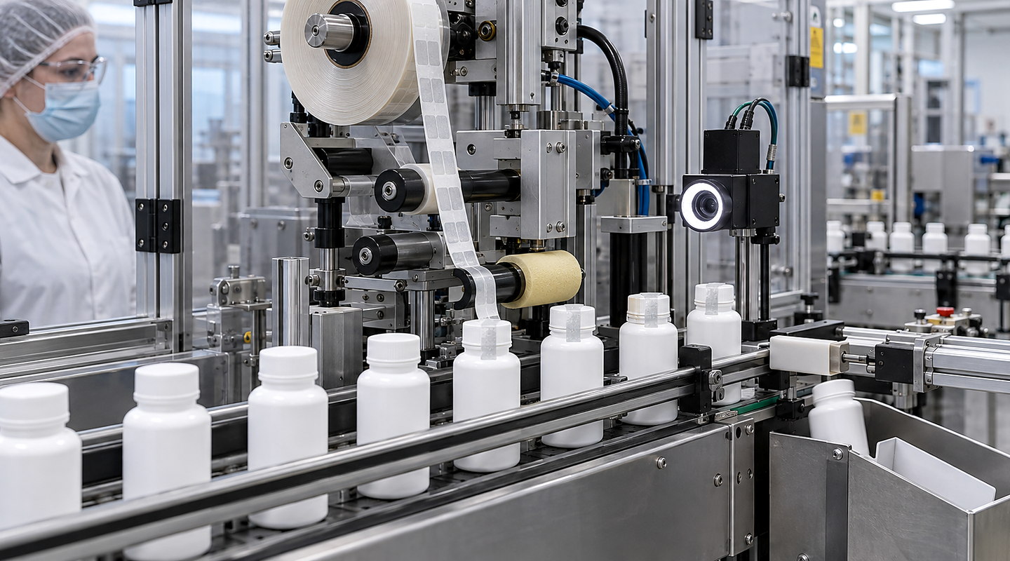 Cartons passing through a label applicator applying tamper-evident bridge seals, with inspection camera and reject station visible.